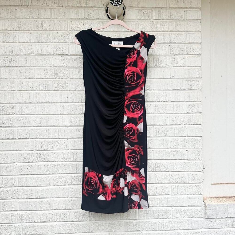 Joseph Ribkoff Vintage Y2K Digital Rose Printed Black Dress